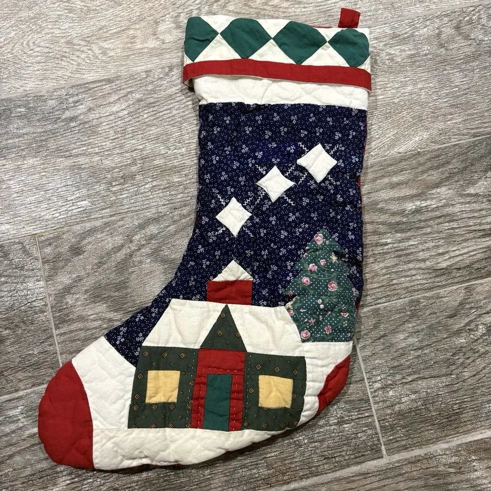Vintage Quilted Embroidered Patchwork Christmas Stocking Hanging Cabin Lined